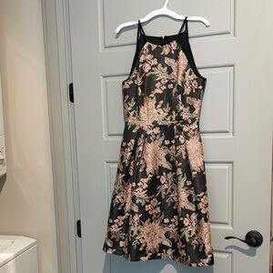 Adrianna Papell Black Dress with Pink Floral Jacquard